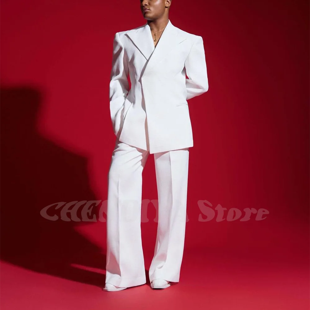 Elegant White Men Suit Peak Lapel Handsome Casual Male Clothing Two Pieces Jacket Pants Banquet Party Suits Set Straight