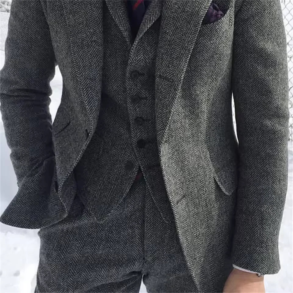 New Wool Tweed Winter Men Suit's For Wedding Formal Groom Tuxedo Herringbone Male Fashion 3 Piece Suit (Jacket + Vest + Pants)