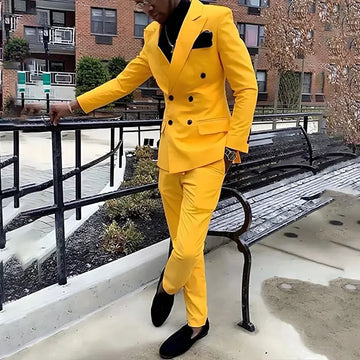 Yellow Men's Suits Fashion Peak Lapel Double Breasted 2 Piece Jacket Pants Male Clothing Prom Formal Dinner Party Casual Outfits
