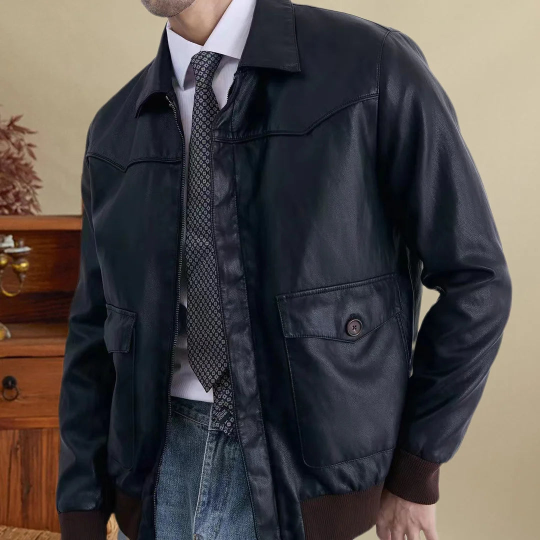 Hombres de estilo británico de alta calidad motocicleta vintage chaqueta casual de cuero