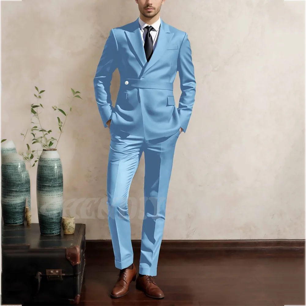 Solid Color Formal Suit For Men Slim Fitted Peaked Lapel High Quality Male Outfit Business Casual Office Wear Two Pieces