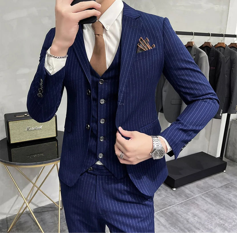 High quality 5XL  (Blazer + vest + trousers) men's British style elegant fashion simple business casual suit three-piece suit