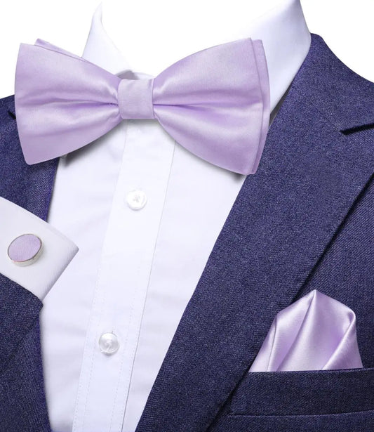 Hi-Tie Solid Violet Lilac Men Bow Tie Hankerchief Cufflink Pre-tied Silk Butterfly Knot Bowtie for Male Business Party Wholesale