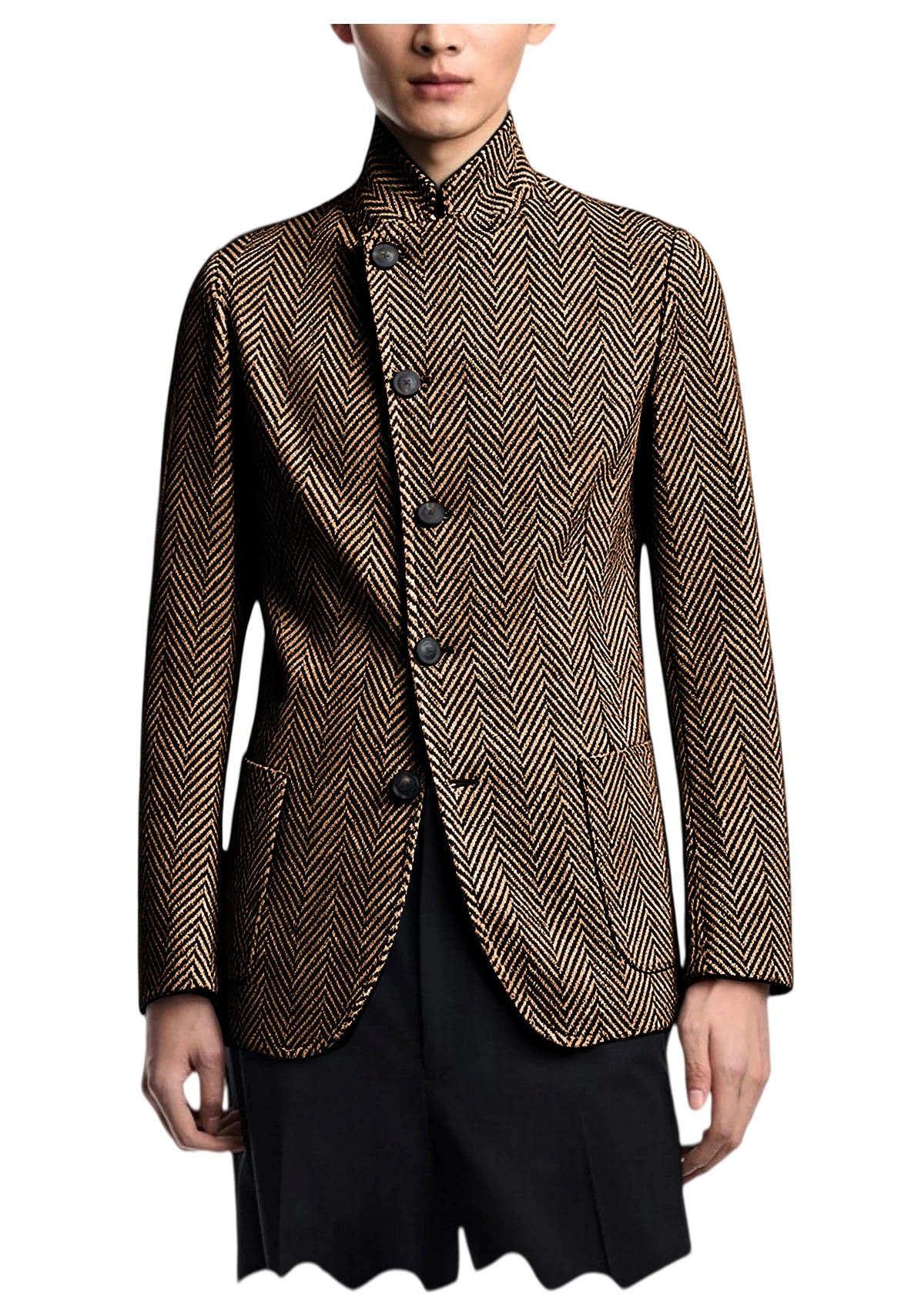 Vintage Men's Herringbone Jacket Stand Collar Slim Fit Wool Blend Formal Blazer Fashion British Style Sport Coat Business Casual