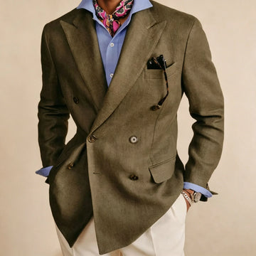 Men's Cotton Linen Blazer Vintage Double Breasted Slim Fit Peak Lapel Breathable Lightweight Summer Formal Jacket Business Casua