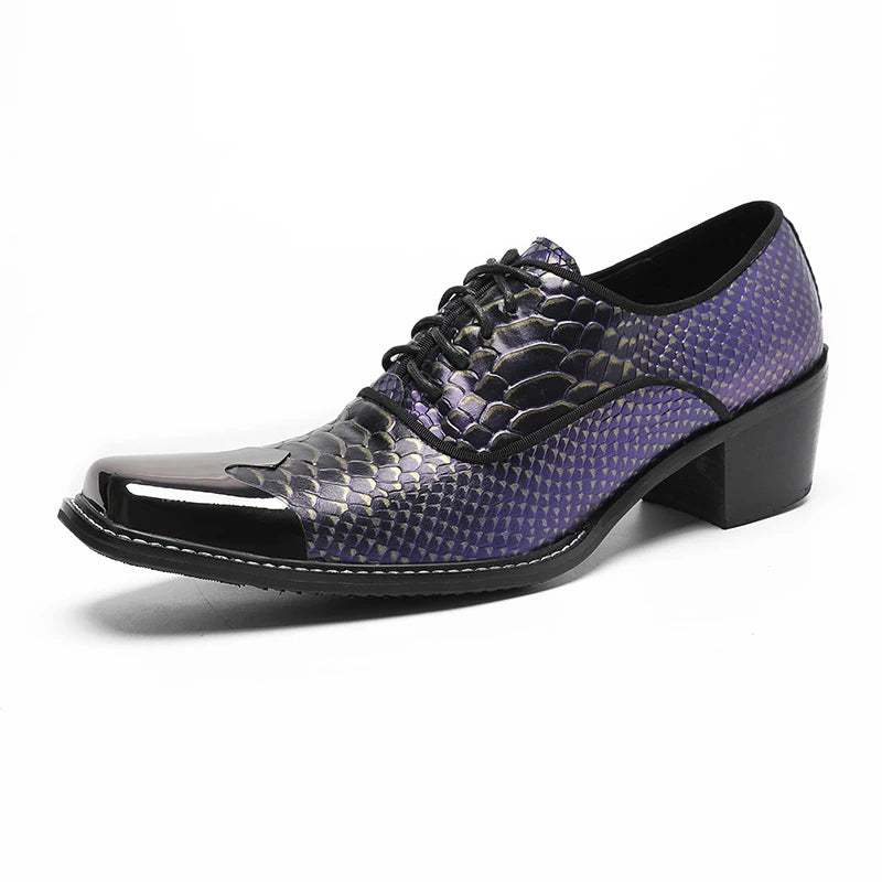 Luxury Men's Wedding Shoes Purple Lace Up High Heels Suit Square Toe Snake Skin Pattern Shoes Men's Real Leather Shoes