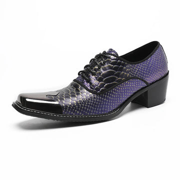Luxury Men's Wedding Shoes Purple Lace Up High Heels Suit Square Toe Snake Skin Pattern Shoes Men's Real Leather Shoes