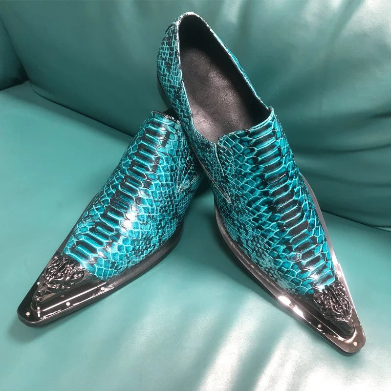 Customized Genuine Leather Metal head Mens Shoes Luxury Blue Snake pattern Designer Flats Dressing Party Shoes Men