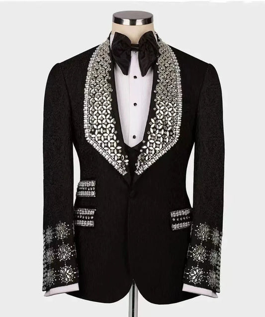 Luxury Beads Diamonds Sparkly 2 Pieces Blazer Pants Men Suits One Button Wide Lapel Formal Prom Wedding Groom