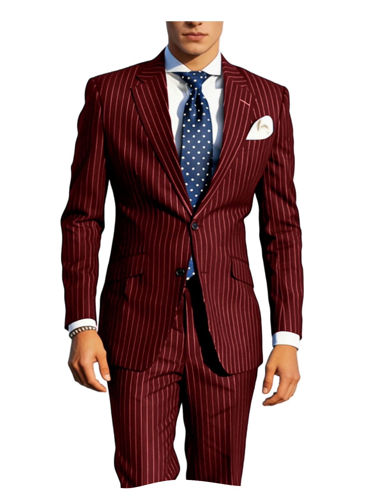 Mens Pinstripe Suit Tuxedo 2-Piece Slim Fit Blazer Pants Set Formal Business Wedding Jacket Trousers For Spring