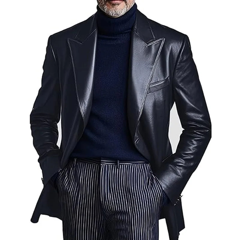 Men's Dress Leather Jacket Burgundy Luxury Slim Fit Notchde Lapel Flap Pocket Retro Soft Sport Coat For Business Casual