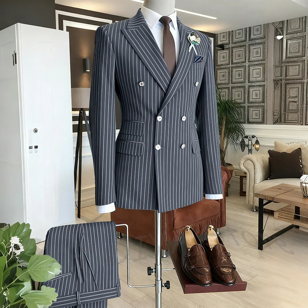 Brown Striped Men Suits Double Breasted Formal Outfits 2 Piece Male Clothing Business Casual Tailored Party Prom Jacket Pants