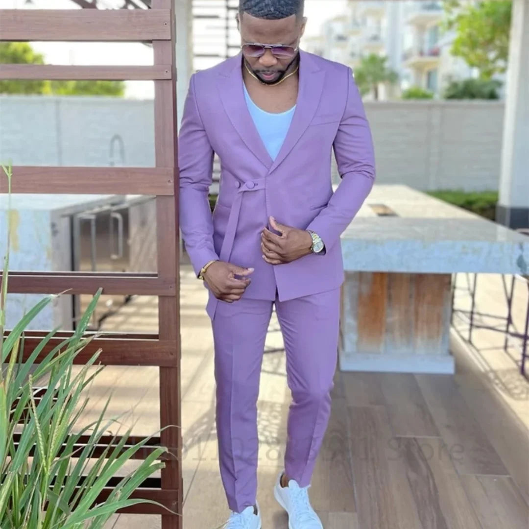 2 Pcs New Fashion Men Suits Light Purple With Belt Prom Tuxedos Groom Slim Fit Blazer Jacket+Pant Terno Masculino