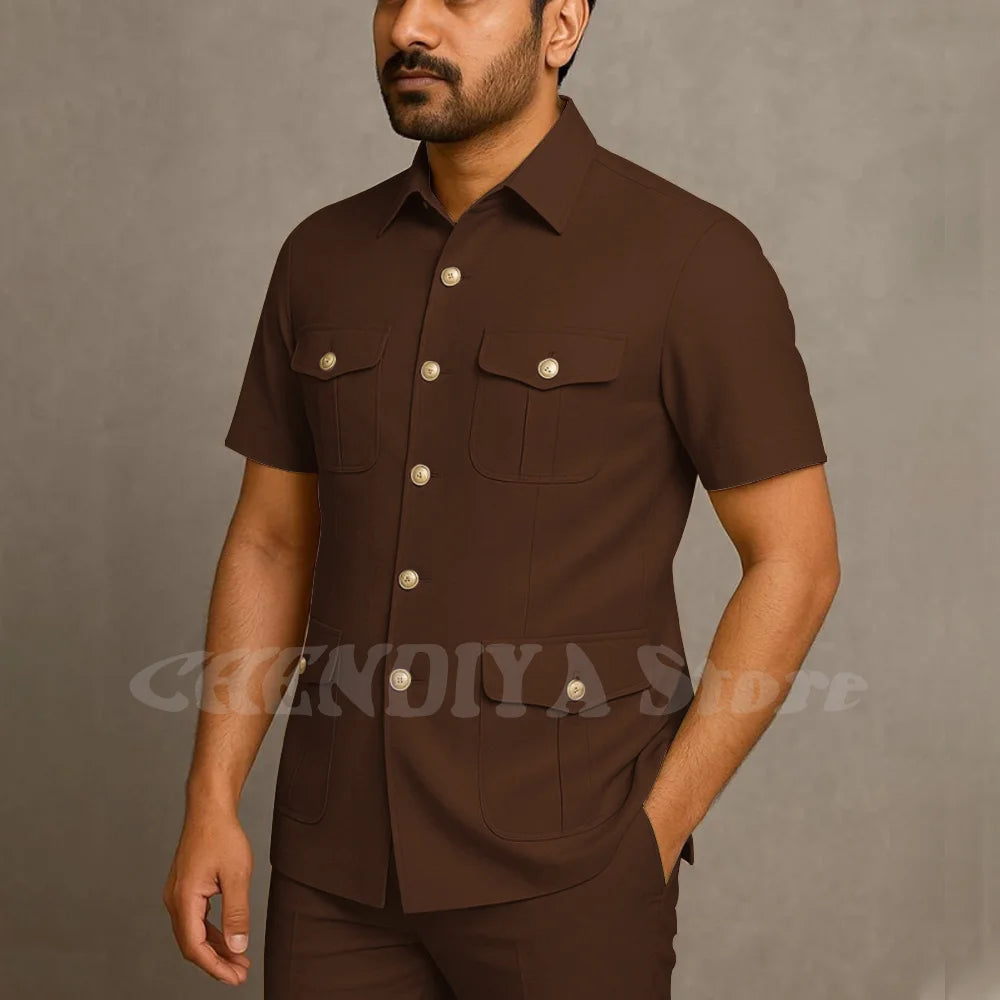 Solid Color Men Suits Safari Style Stand Collar Single Breasted Slim Fit Outfits Smart Casual Office Work Social Daily Set