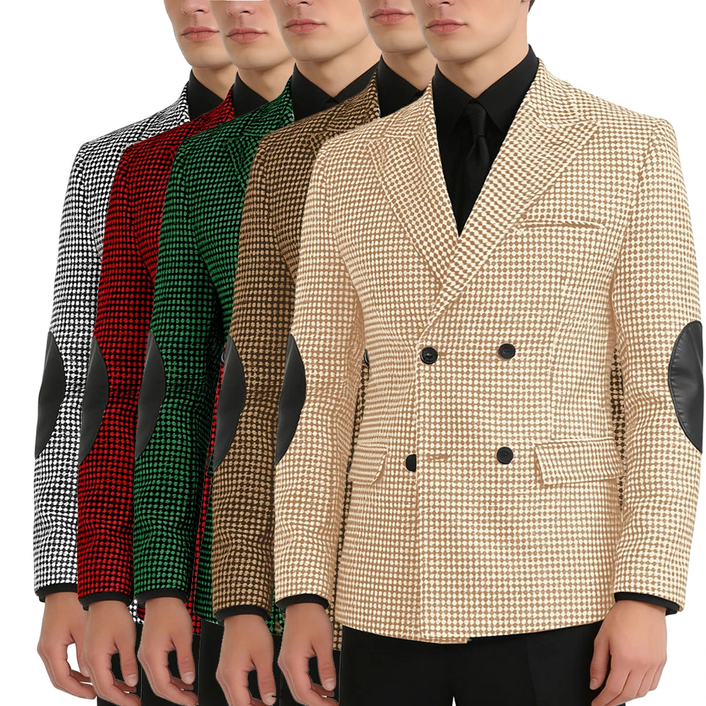 Men's Houndstooth Double Breasted Blazer with Leather Elbow Patches Peak Lapel Sport Coat Formal Business Wedding Suit Jacket