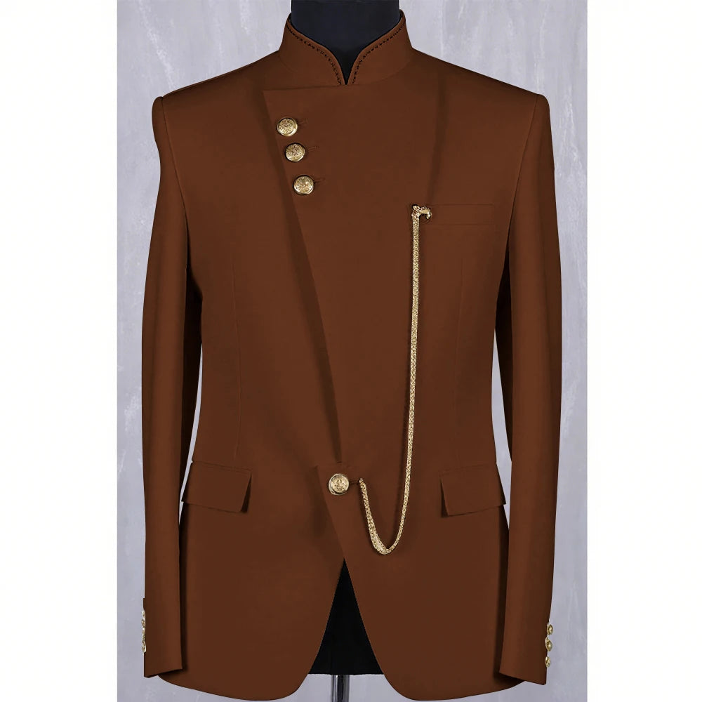 High Quality Blue Men Suit Casusl Blazer Single Breasted Stand Collar African Slim Fit Modern Style Outfits Jacket Pants