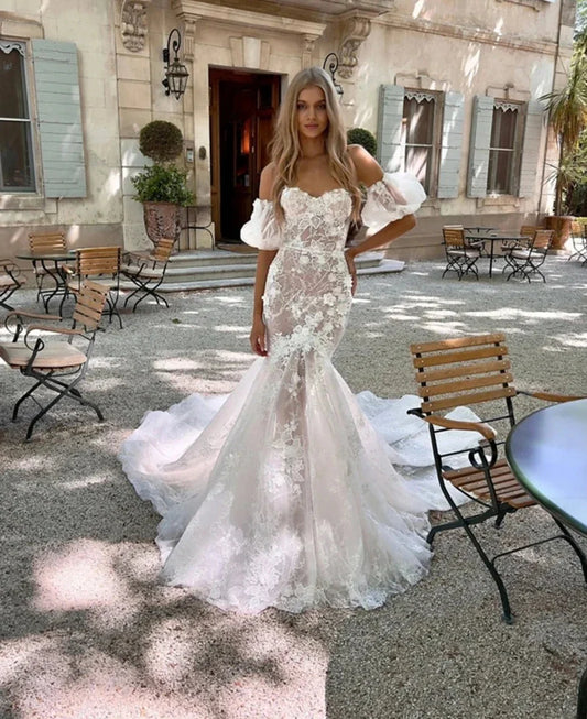 Romantic Mermaid Lace Wedding Dress Strapless Illusion Sexy Women Bride Dresses Court Train Bridal Gown Custom Made