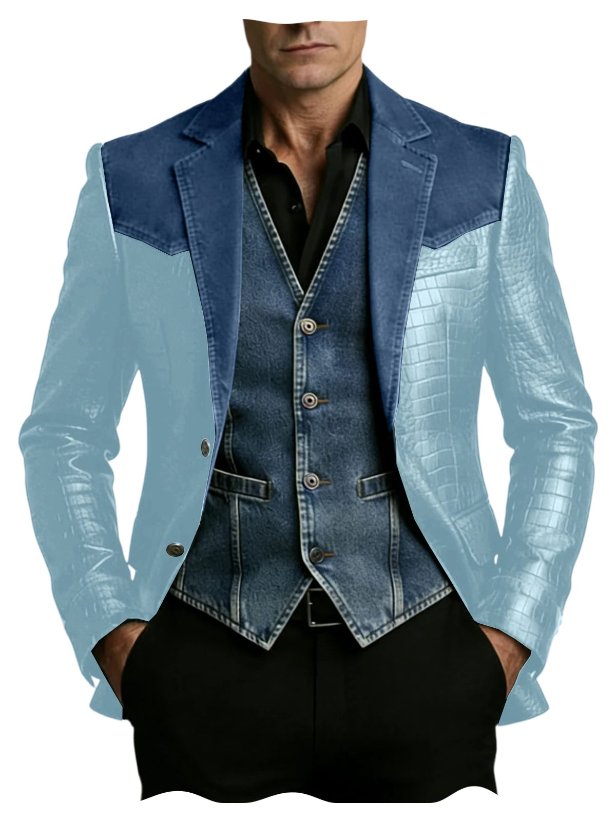 Men's Blazer Luxury Crocodile Embossed Leather Patchwork Denim Suit Jacket Notched Lapel Western Cowboy Party Casual Streetwear