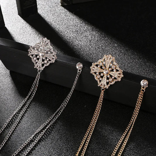 High-end Long Chain Tassel Cross Brooch Alloy Rhinestone Crystal Lapel Pins Corsage Men Collar Pin Fashion Jewelry Gifts