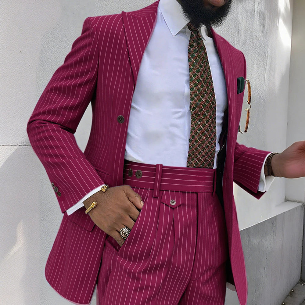 Brown Stripe Men Suits 2 Piece Chic Double Breasted Business Casual Outfits Fashion Peak Lapel Wedding Tuxedo (Jacket+Pants)