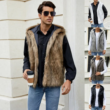 Hooded Faux Fur Coat Jacket Men Autumn Winter Men's Short Warm Vest Coats Thick Pockets 2025 Long Sleeve Mom Y2k Coat Jackets