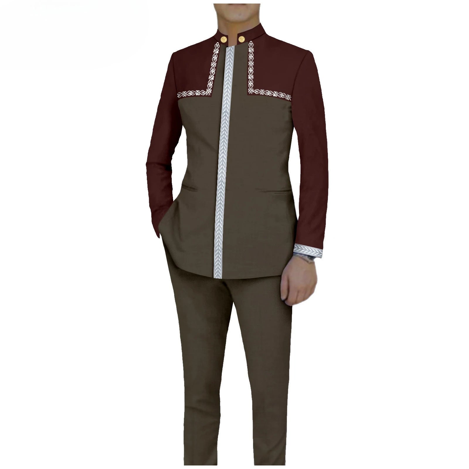 Bazin Riche African Traditional Clothing for Men Embroidery Dashiki Print Zip Blazer Coats with Trousers 2 Piece Suit A2416106