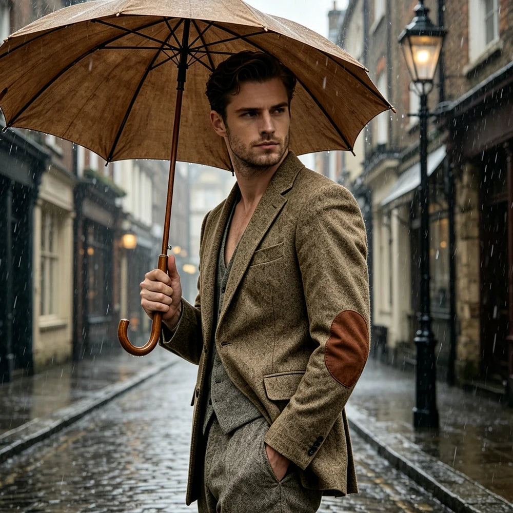 Men's Tweed Blazer Notched Lapel Wool Blend With Elbow Patches Casual Suit Jacket For Business Wedding Daily Wear Party