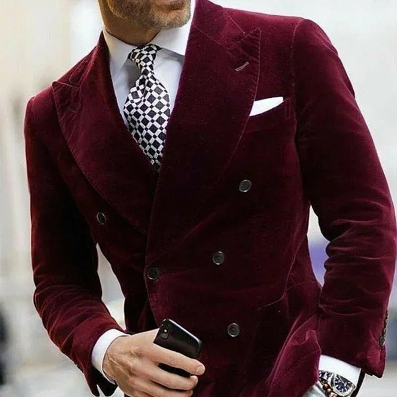 Velvet Blazer For Men Double Breasted Burgundy Smoking Jacket Elegant Dinner Party Suit Coat 1 PC 2025