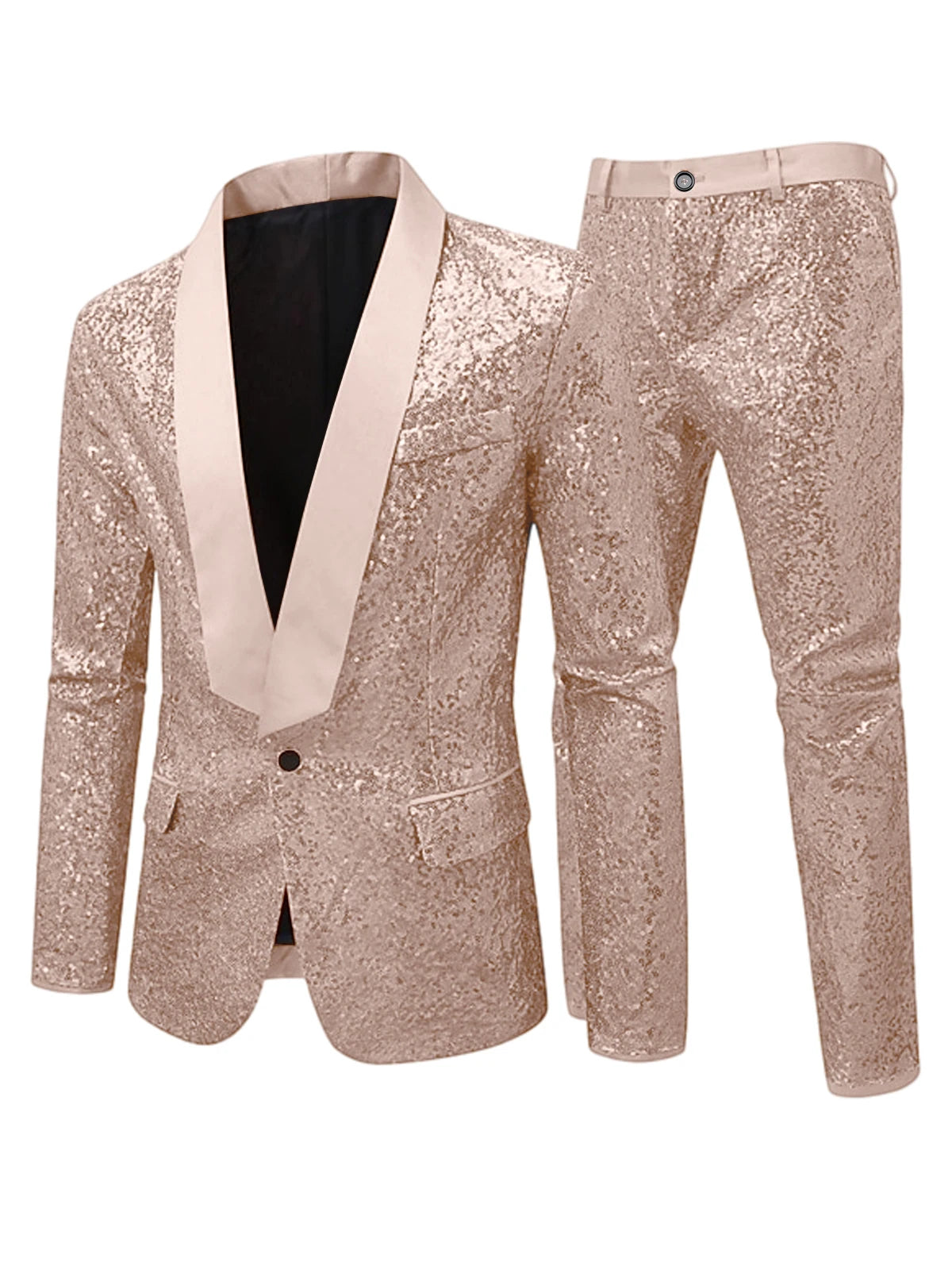 Men's Sequin Tuxedo Suit Set Shiny One Button Satin Patchwork Shawl Lapel Slim Fit 2 Piece Blazer Pants For Wedding Party Prom