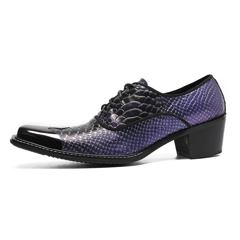 Luxury Men's Wedding Shoes Purple Lace Up High Heels Suit Square Toe Snake Skin Pattern Shoes Men's Real Leather Shoes
