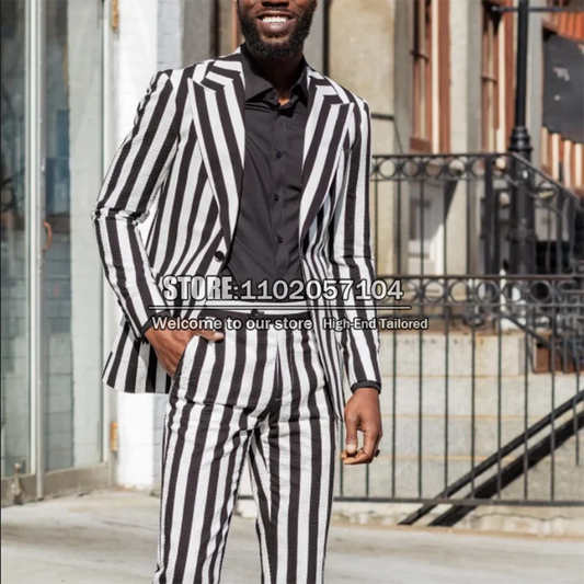 Trajes de hombres hechos a medida Jaqueta de rayas blanca/negra del ajuste delgado+pantalones 2 piezas de verano novio de la playa ropa blazer fumador de negocios esmoquin