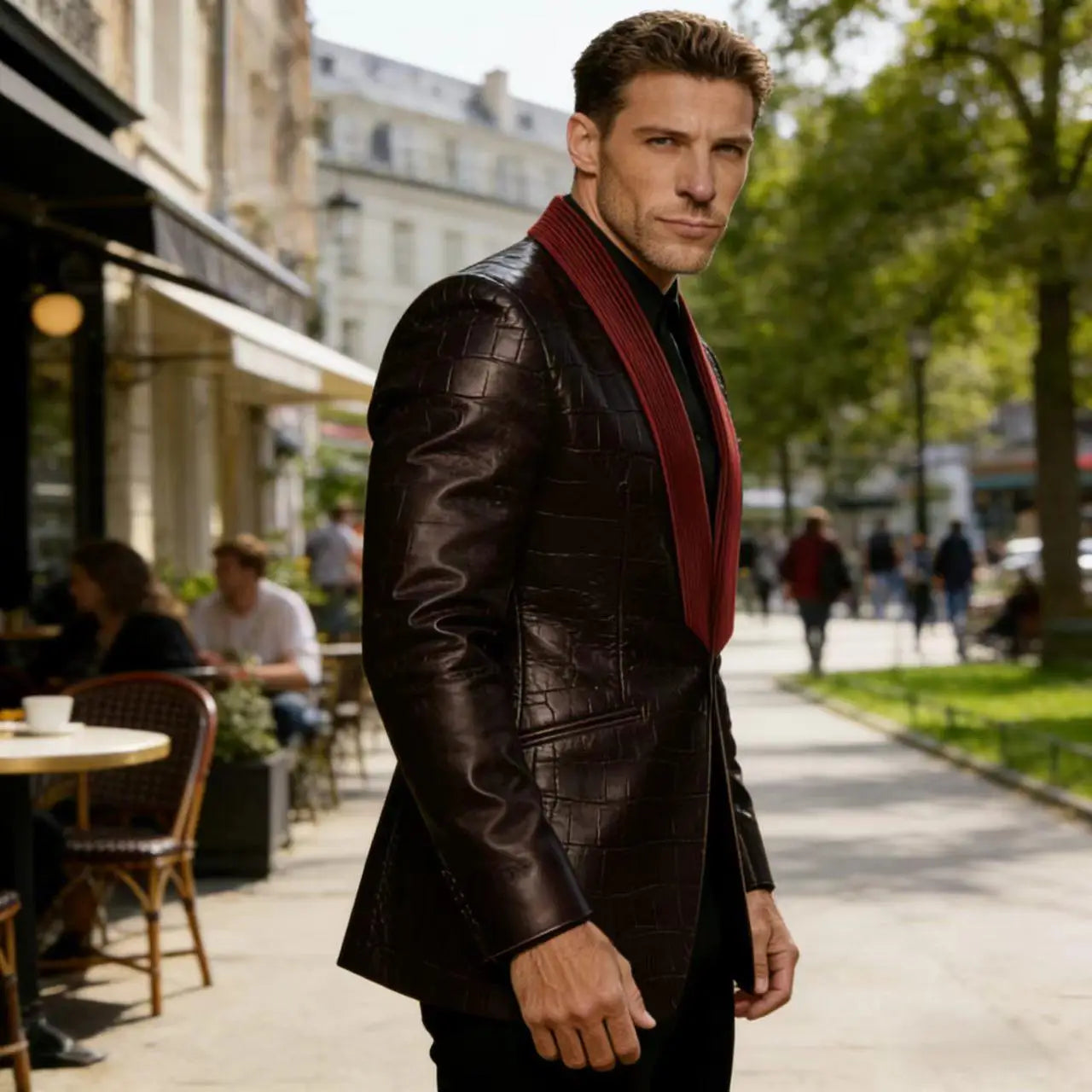 Men's Crocodile Pattern Leather Blazer Corduroy Patchwork 1 Button Shawl Collar Suit Jacket Slim Fit Business Formal Outerwear