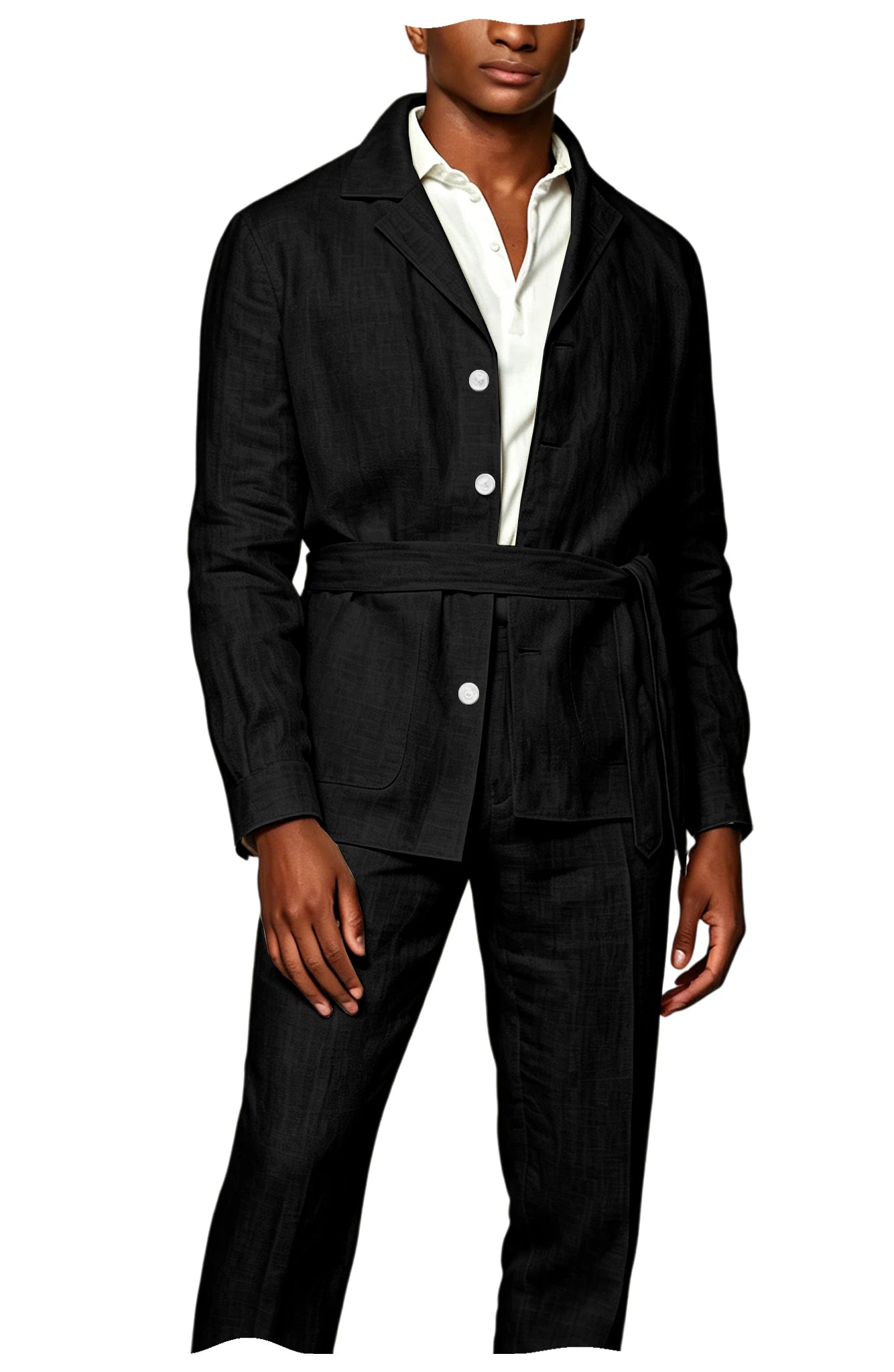 Men's Linen Belted Suit 2 Piece Set Casual Breathable Blazer & Pants Summer Lightweight Business Casual Outfit for Wedding Beach