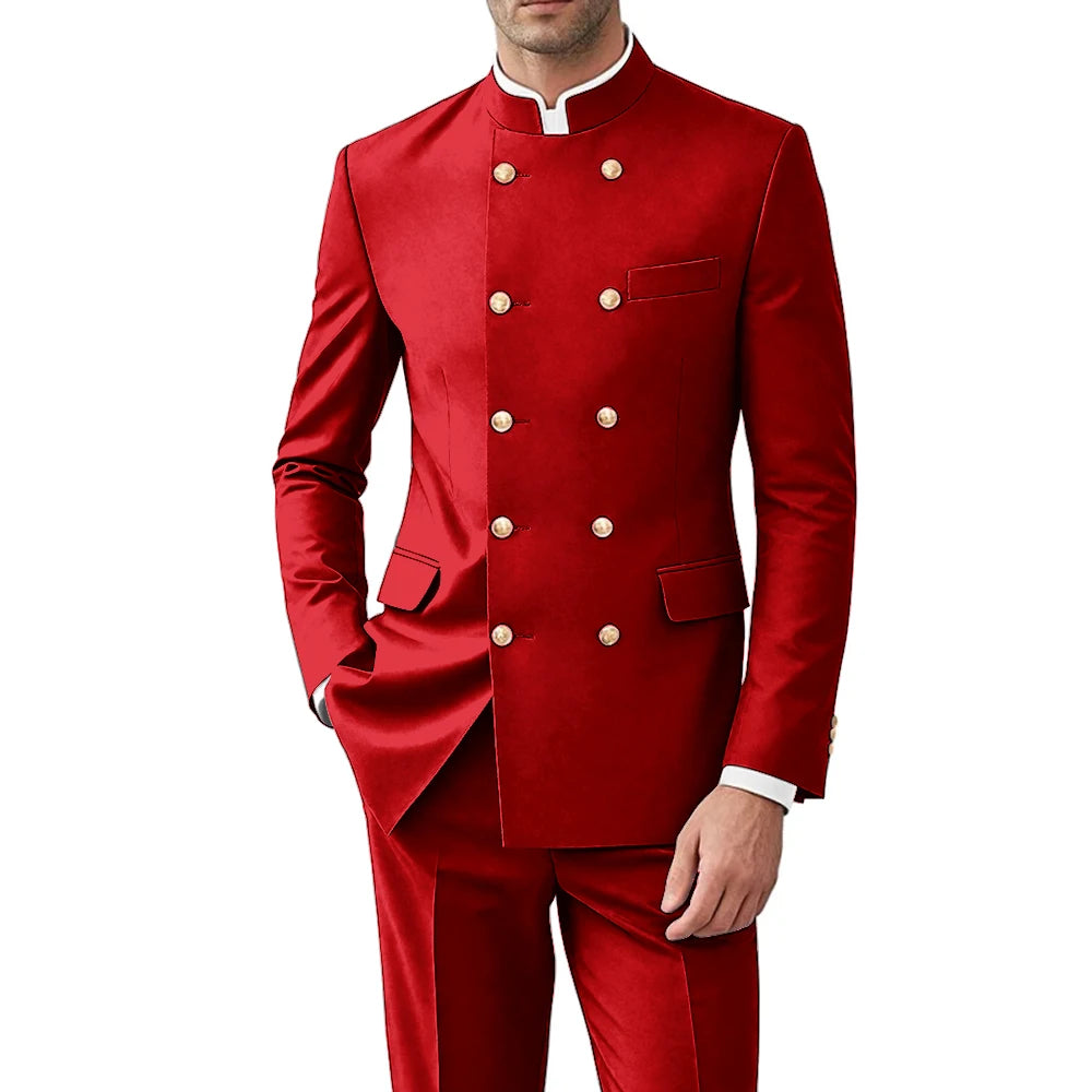 Solid Color Men Suits Formal 2 Pieces Double Breasted Stand Collar Balzer Pants Formal Party Business Wedding Set Customized