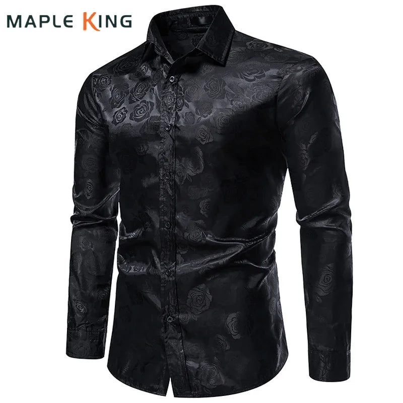 Camisas de hombre con estampado de rosa negro de lujo 2023 manga larga Floral Paisley Silk Fiesta de negocios Camisa de boda Men Clothing Chemise Homme