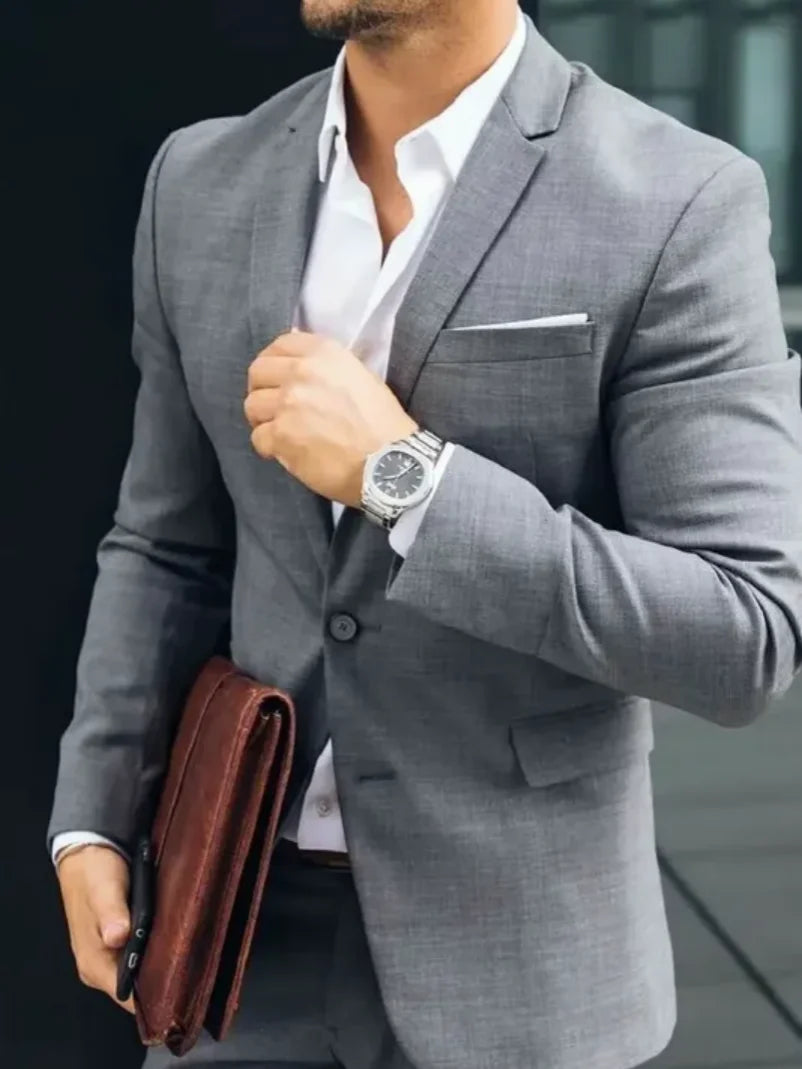 2 Piece High Quality Costume Homme Grey Smart Casual Men Suits Simple Wedding Suits for Men Custom Slim Fit Skinny  Prom Tuxedo