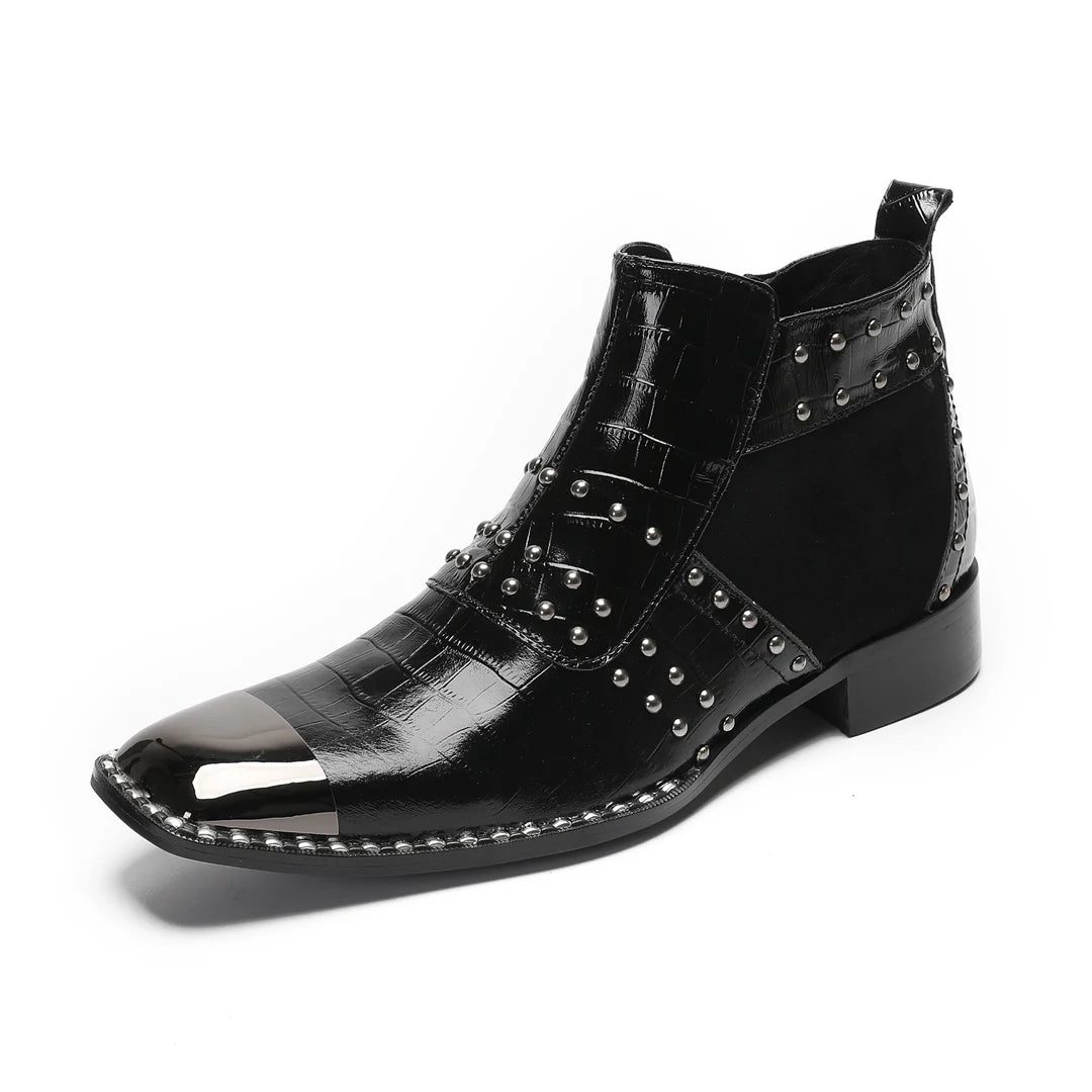 Rock metal square toe boots men's metal decoration high top side zipper boots British luxury handmade party men's shoes