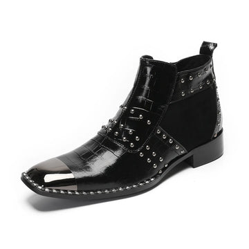 Rock metal square toe boots men's metal decoration high top side zipper boots British luxury handmade party men's shoes