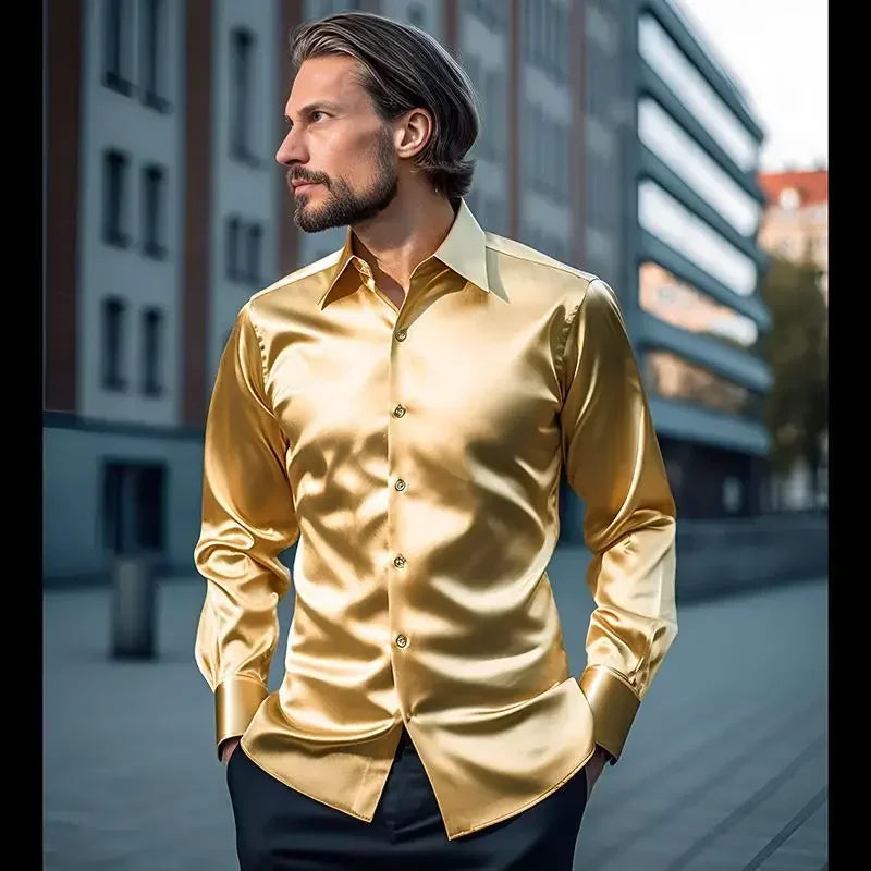 Bright face shirt, men's long sleeved autumn and winter men's clothing, satin nightclub style, solid color trend, men's trend