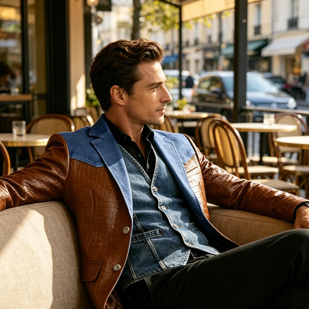 Men's Blazer Luxury Crocodile Embossed Leather Patchwork Denim Suit Jacket Notched Lapel Western Cowboy Party Casual Streetwear