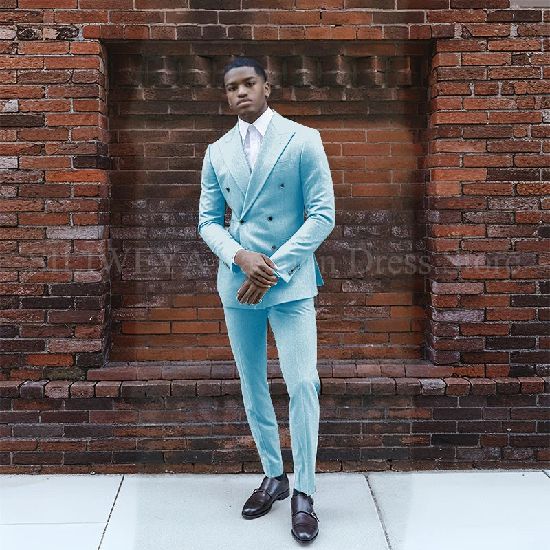 Grey Double Breasted Men's Suit 2 Pieces Jacket Pants Business Casual High Quality Office Stylish Male Clothing