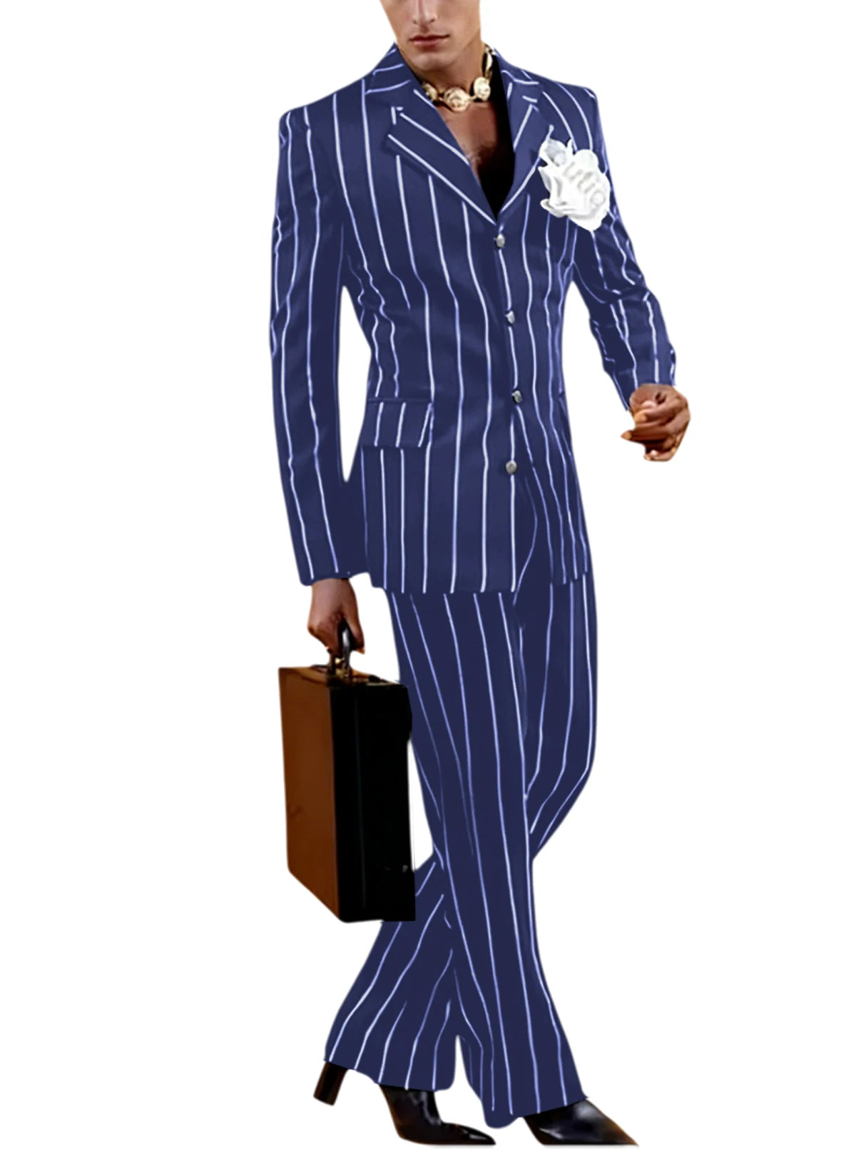 Men's Vintage Pinstripe 2 Piece Suit Set Double Breasted Peak Lapel Slim Fit Blazer Flared Pants Tuxedo For Wedding Prom