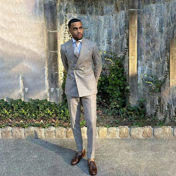 Grey Double Breasted 2 Piece Set For Men Slim Fit Business Casual Jacket Pants Dinner Party Dress Traje De Hombre Elegante