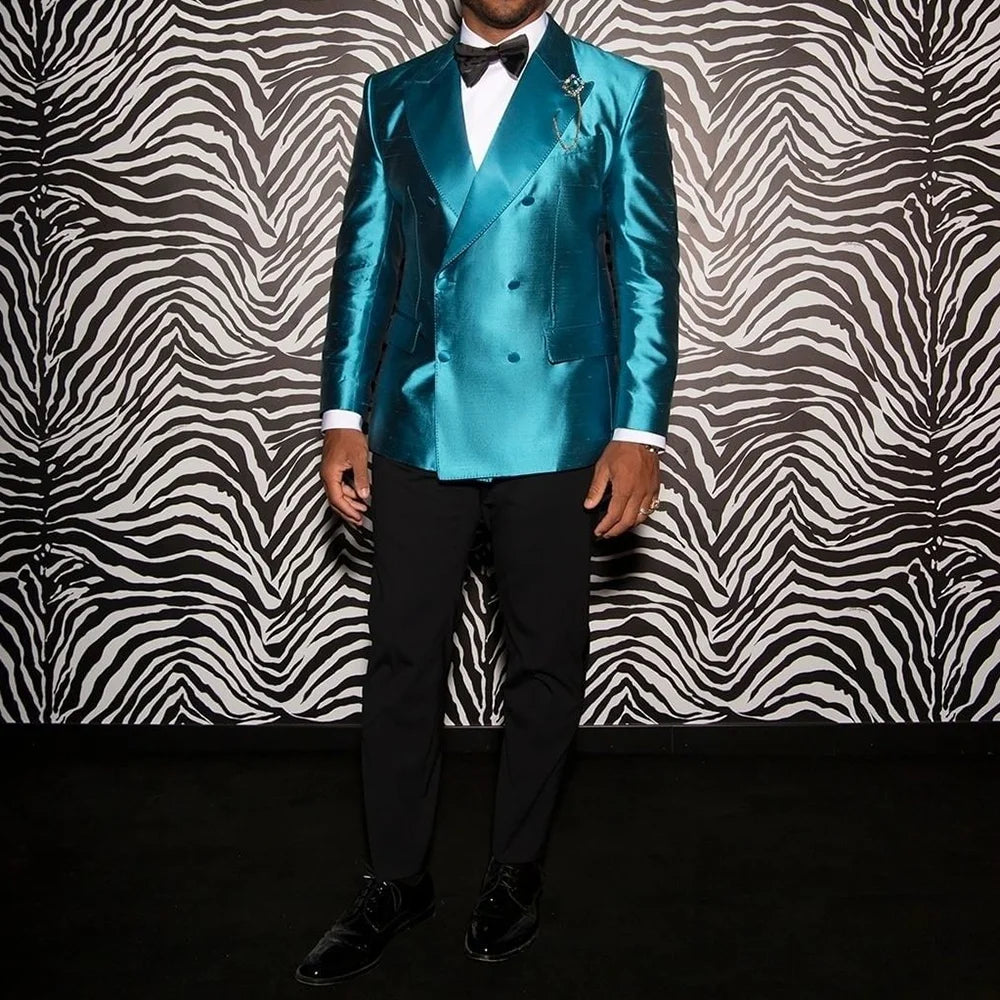 Double Breasted Satin Men's Suit 2 Pieces Social Party Luxury Tuxedo Banquet Custom Boutique Male Clothing