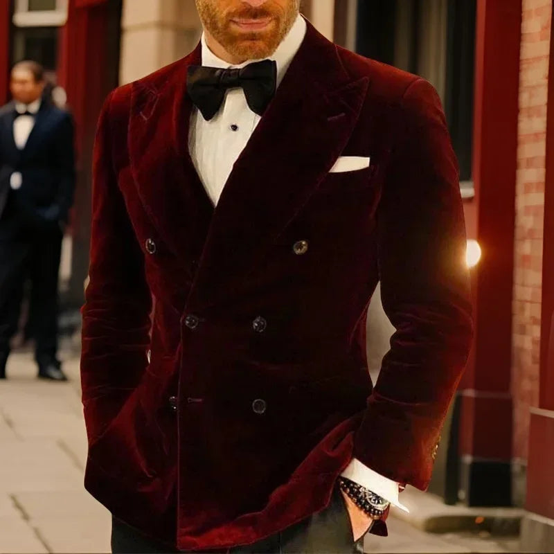 Velvet Smoking Jacket For Men Double Breasted Burgundy Suit Blazer Slim Fit Prom Party 1 Piece Groom Fashion Coat 2025