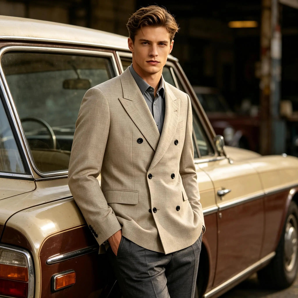 Men's Linen Blend Double Breasted Blazer Peak Lapel Breathable Wrinkle Resistant Business Suit Jacket For Wedding Daily Wear