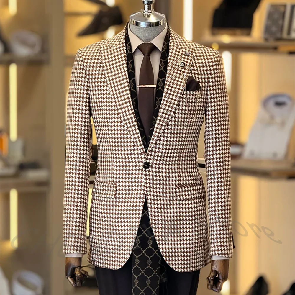Houndstooth Men's Suits 2 Pieces Business Peaked Lapel Formal Blazer Wedding Groom Party Prom Tuxedos Male Set Customized