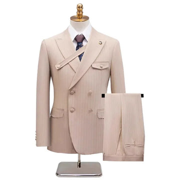 2025 New Beige Men's Suit 2 Pieces Double Breasted Notch Lapel Flat Slim Fit Casual Tuxedos for Wedding(Blazer+Pants)
