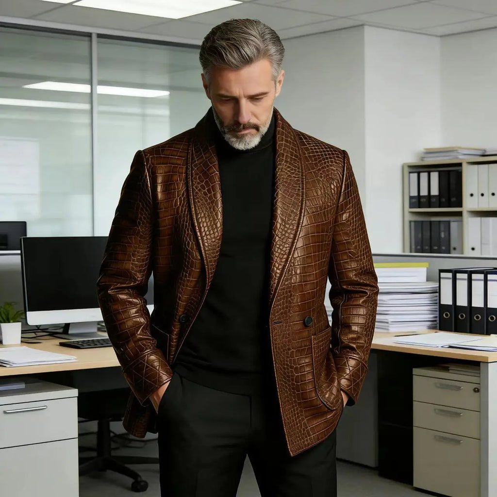 Men's Crocodile Embossed Leather Blazer Double Breasted Business Casual Brown Jacket Office Wear Formal Plus Size  Suit Coat