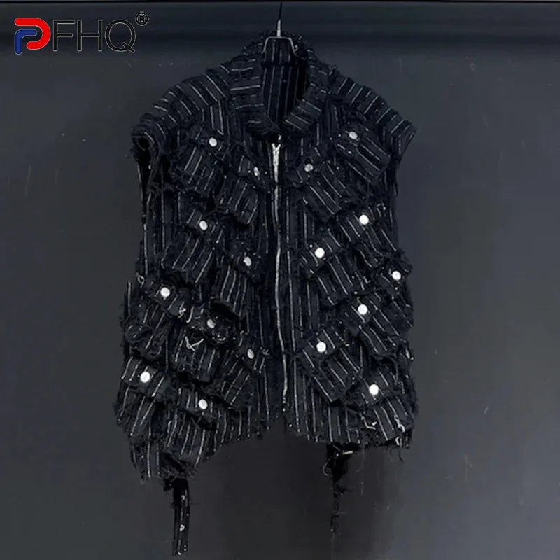 PFHQ Design Summer Multi Pocket Vest 2024 Spring New Sleeveless Pocket Tassels Darkwear Korea Fashion Male Tops 21Z5332